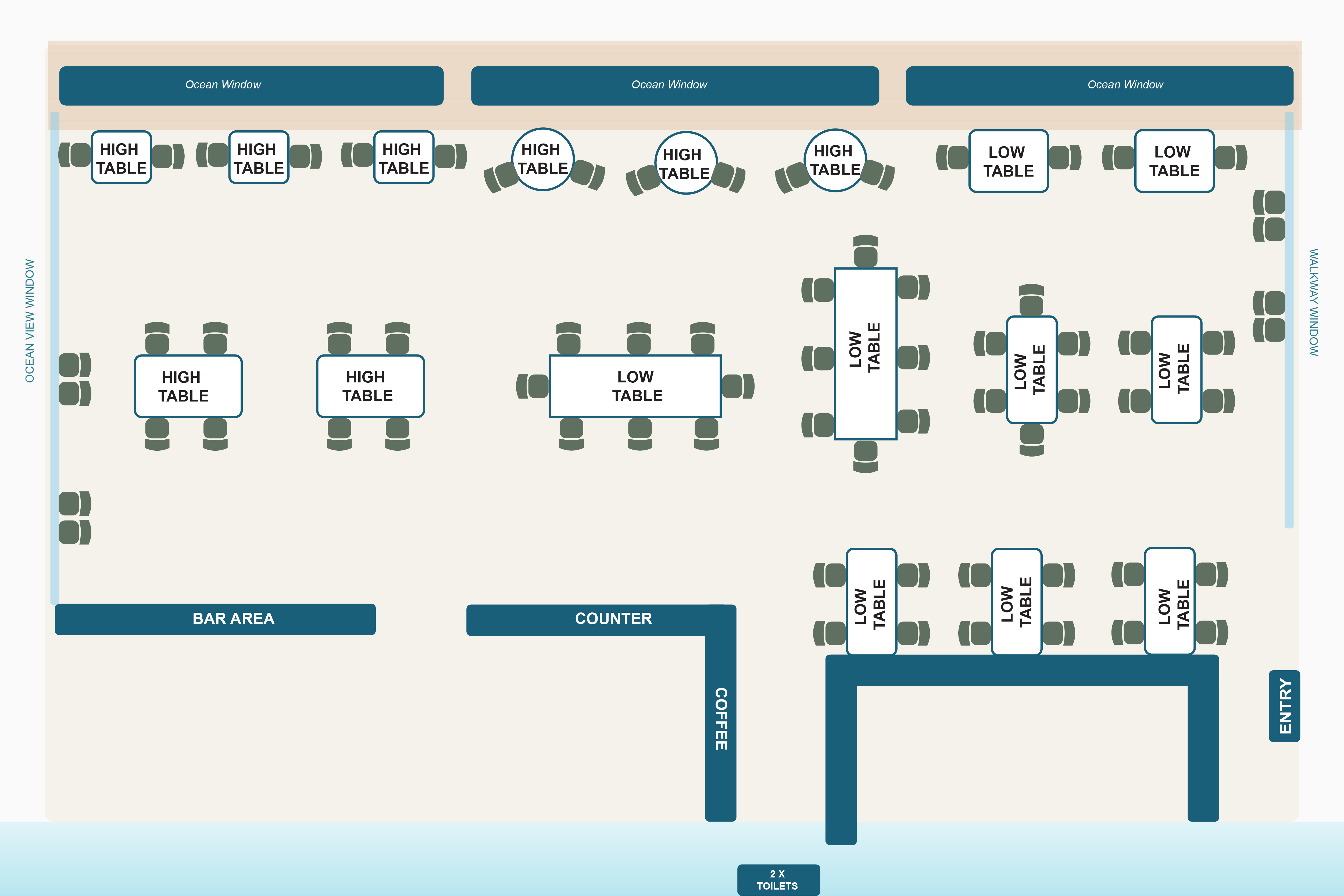 Pier 88 Indoor Venue Floor Plan - High tables, low tables, bar area, and ocean views